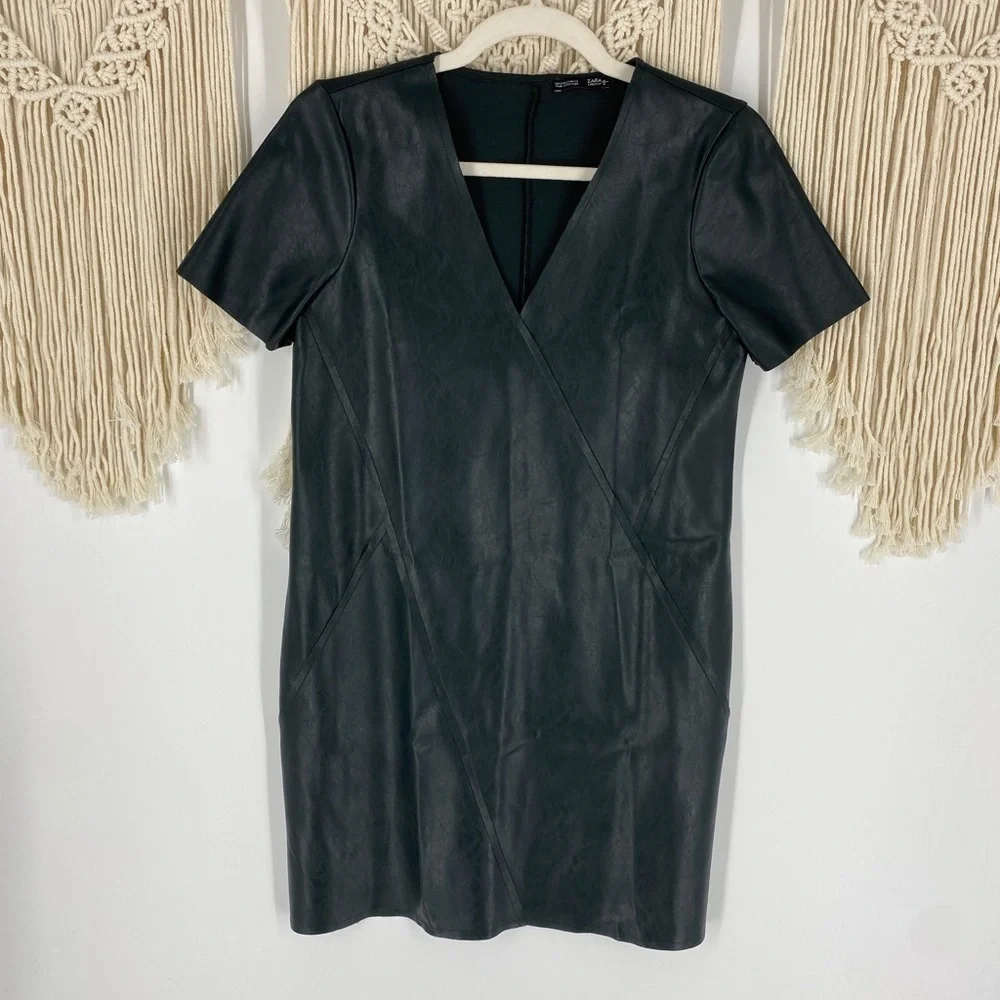 Zara V-Neck Forest Green Faux Leather Short Sleeves A-Line Dress Size Small - Picture 1 of 4
